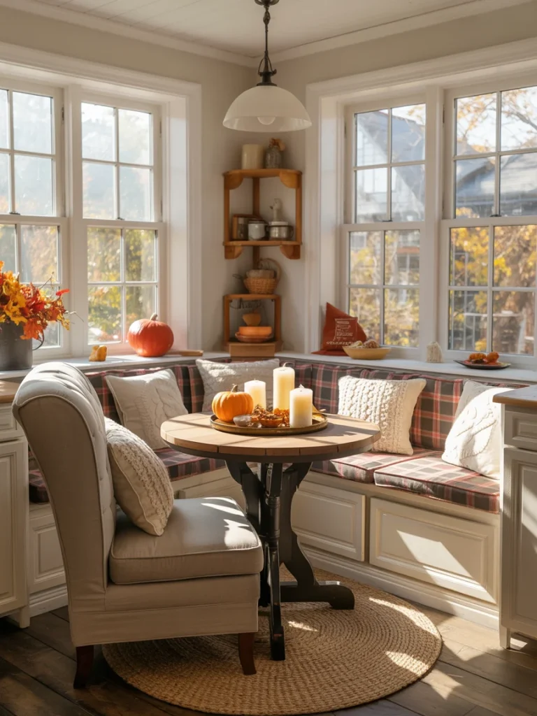 Cozy fall kitchen nook with plaid cushions, autumn accents, and a round table decorated with candles and pumpkins.