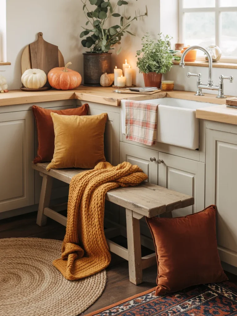 Cozy fall kitchen corner with warm textiles, including throw pillows, a knit blanket, and autumn decorations.