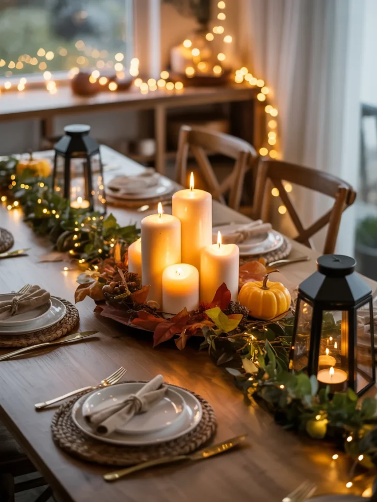 Fall dining table with glowing candles, lanterns, and string lights creating a cozy autumn atmosphere.
