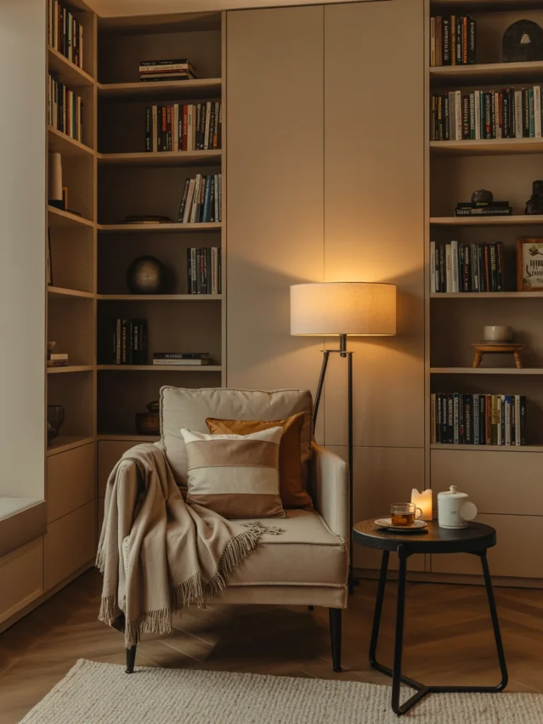 Cozy reading nook with armchair, throw blanket, floor lamp, and built-in bookshelves.