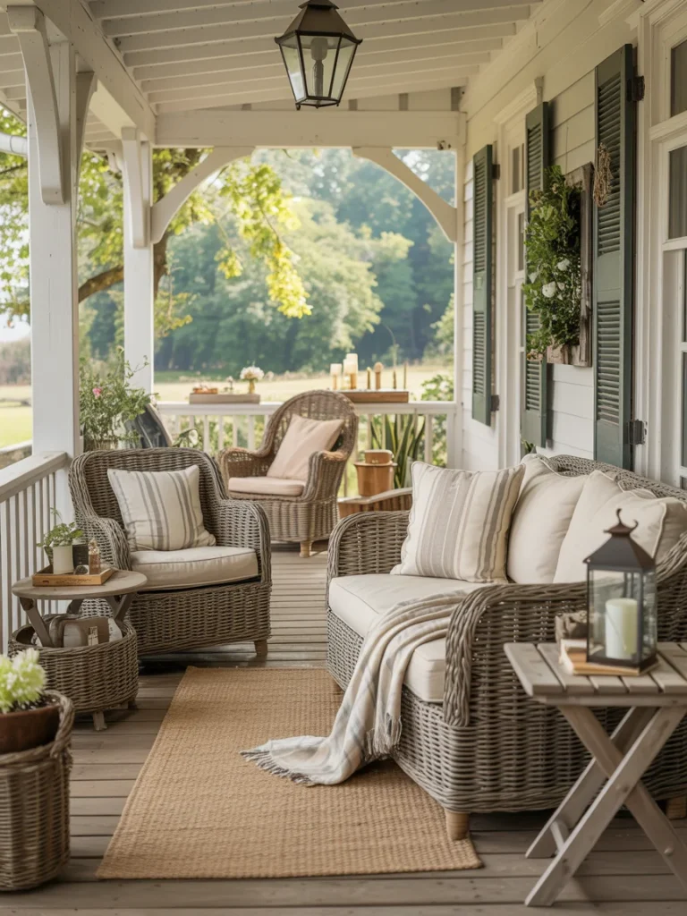 Farmhouse porch with wicker sofa and chairs, layered cushions, and a lantern accent table.