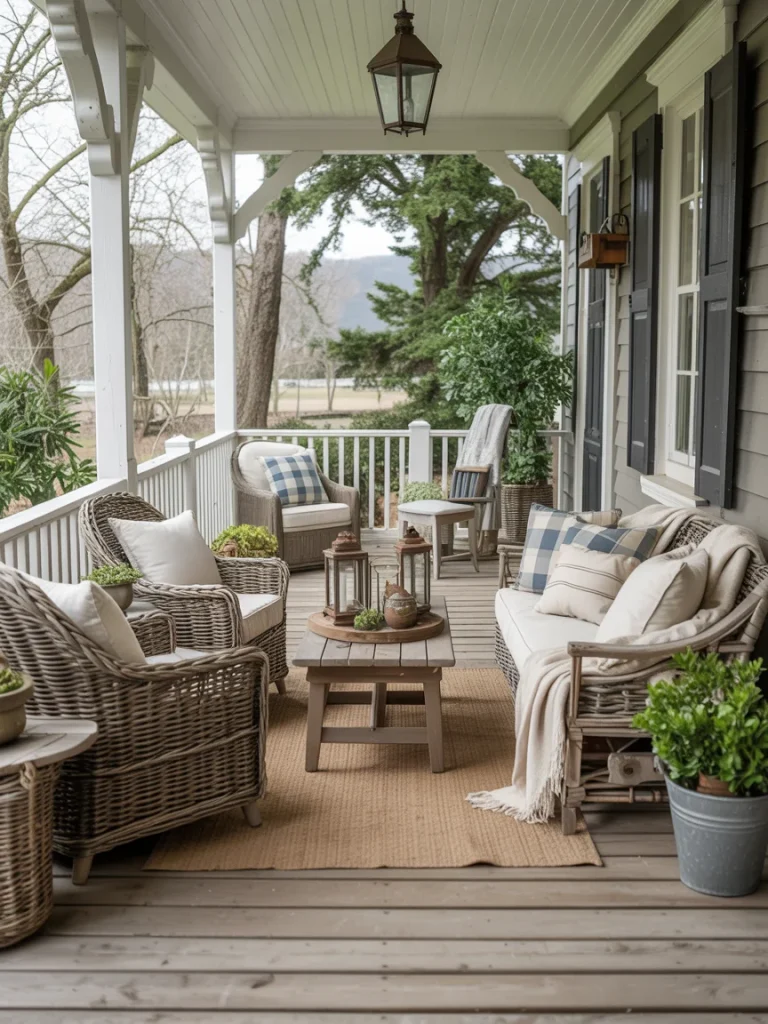 Farmhouse porch with wicker seating, plaid pillows, and rustic lantern accents.