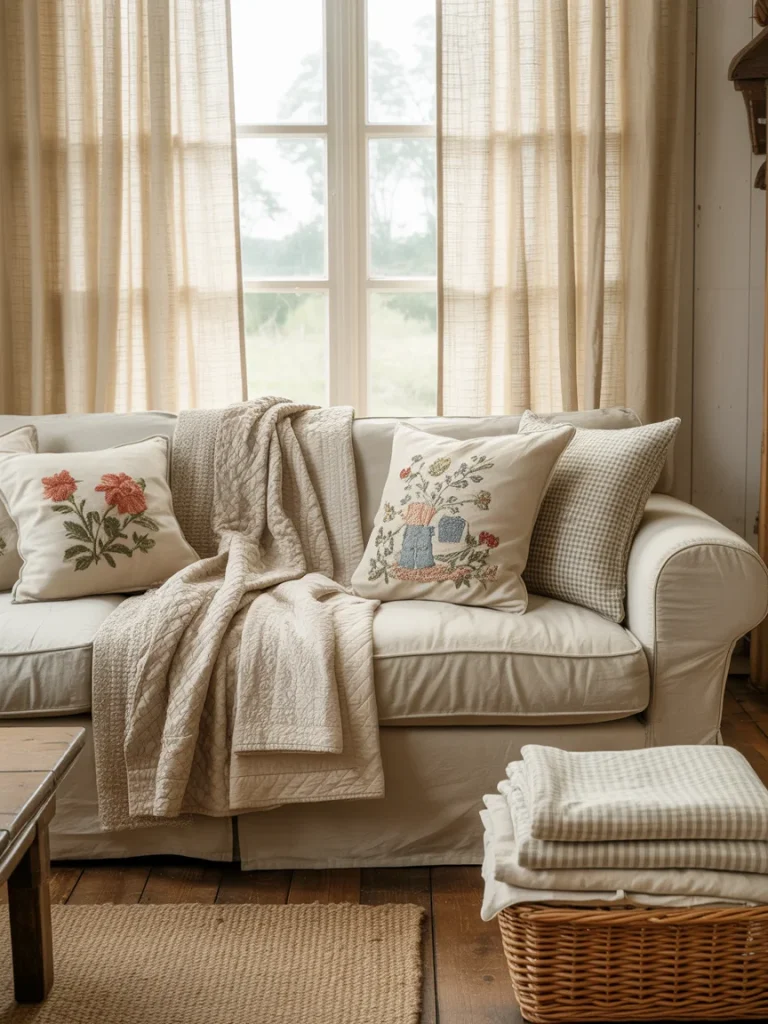 Cozy country cottage sofa with embroidered pillows, soft quilt, and rustic fabrics.