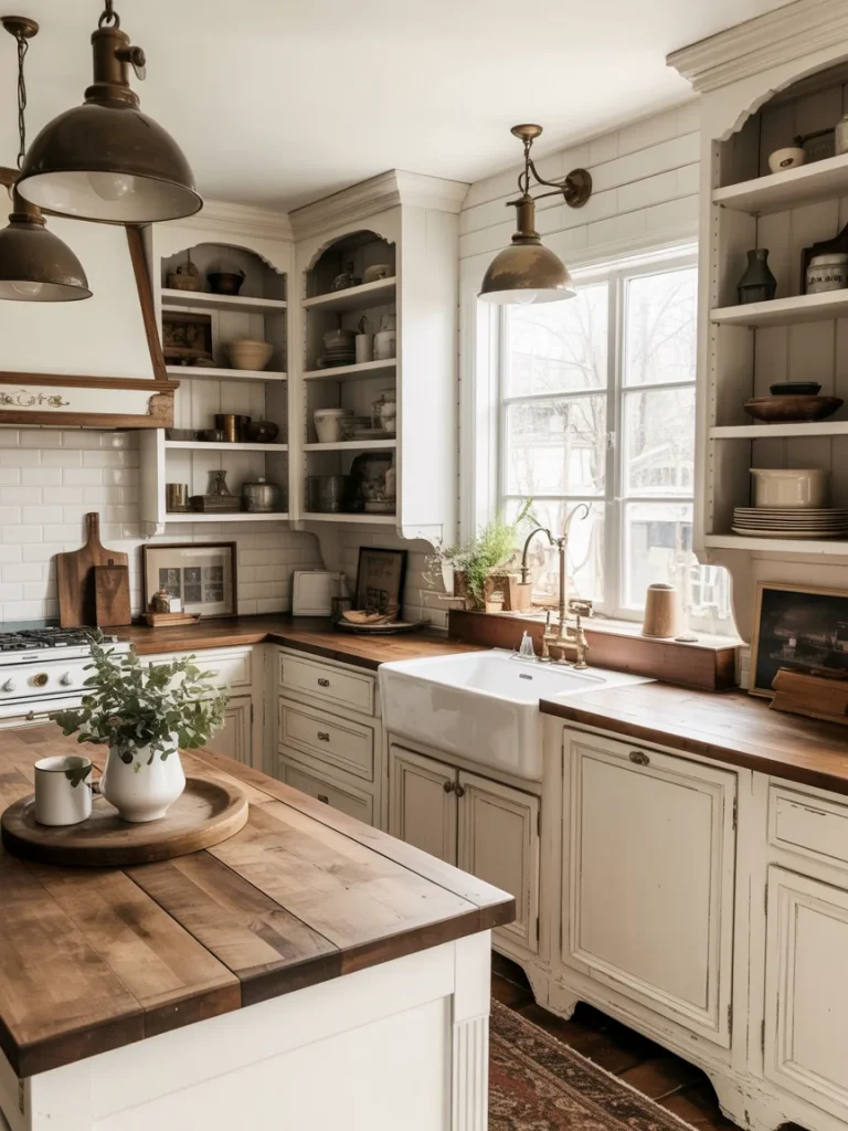 Cozy white kitchen with wood countertops and vintage accents.
