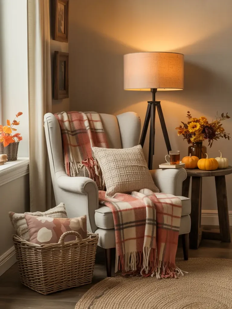 Cozy fall reading nook with armchair, plaid blanket, pillows, and warm lighting