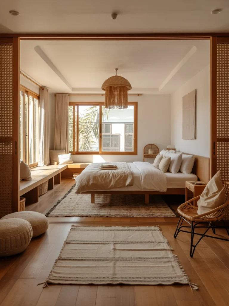 Minimalist Japanese boho bedroom with natural light, neutral tones, rattan accents, and layered textures creating a cozy and balanced layout.