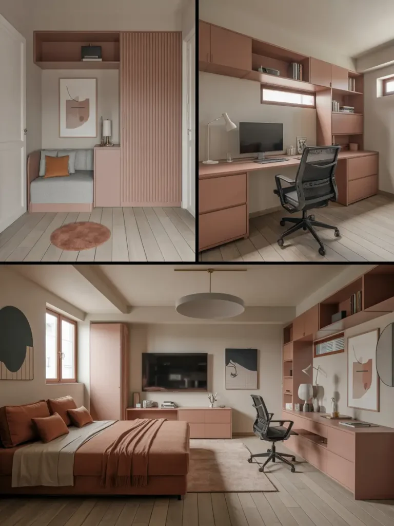Modern multi-functional basement design with integrated home office, lounge, and bedroom space featuring built-in shelving, desk, and stylish furniture in warm tones.
