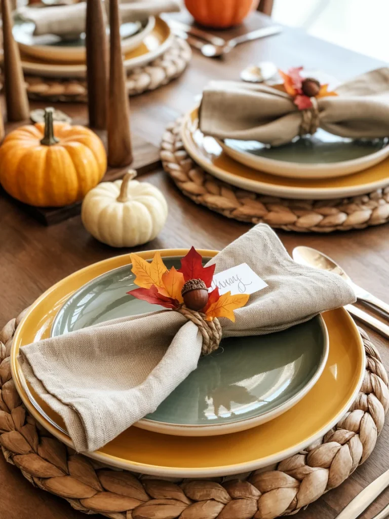 Fall place setting with layered plates, woven charger, neutral napkin, and autumn leaf napkin ring on a decorated dining table.