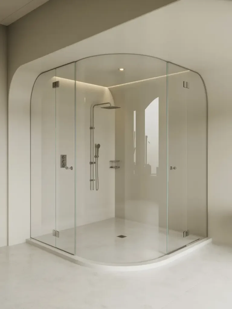 Curved glass shower enclosure with a modern, seamless design, featuring chrome fixtures and a spacious walk-in layout.