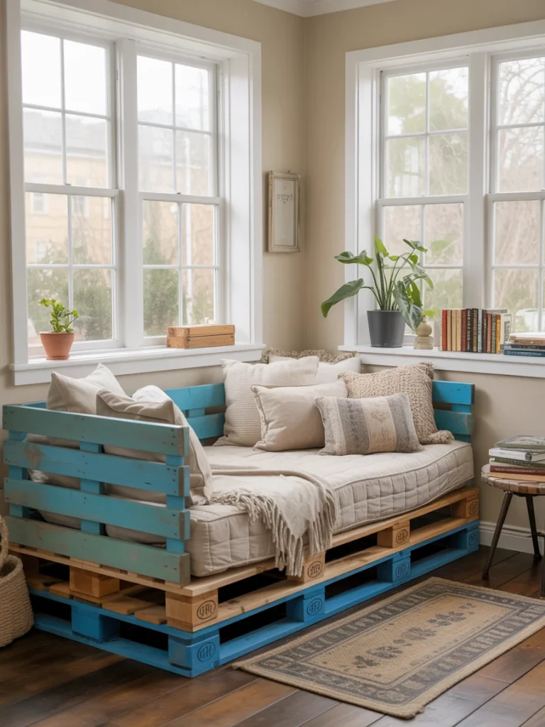 DIY pallet daybed with blue accents, neutral cushions, and layered pillows in a cozy sunlit corner.
