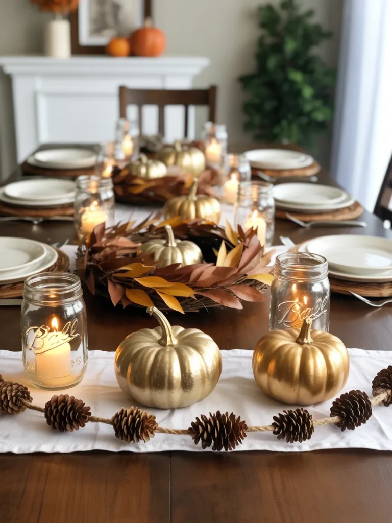 DIY fall dining table decor with gold pumpkins, pinecone garland, mason jar candles, and autumn leaf wreath centerpieces.