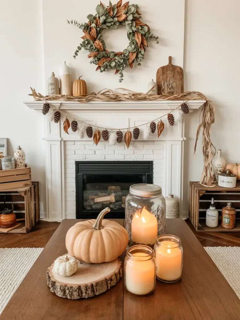 DIY fall living room decorating ideas with pumpkins, candles in mason jars, pinecone garland, and a farmhouse-style white fireplace mantel.