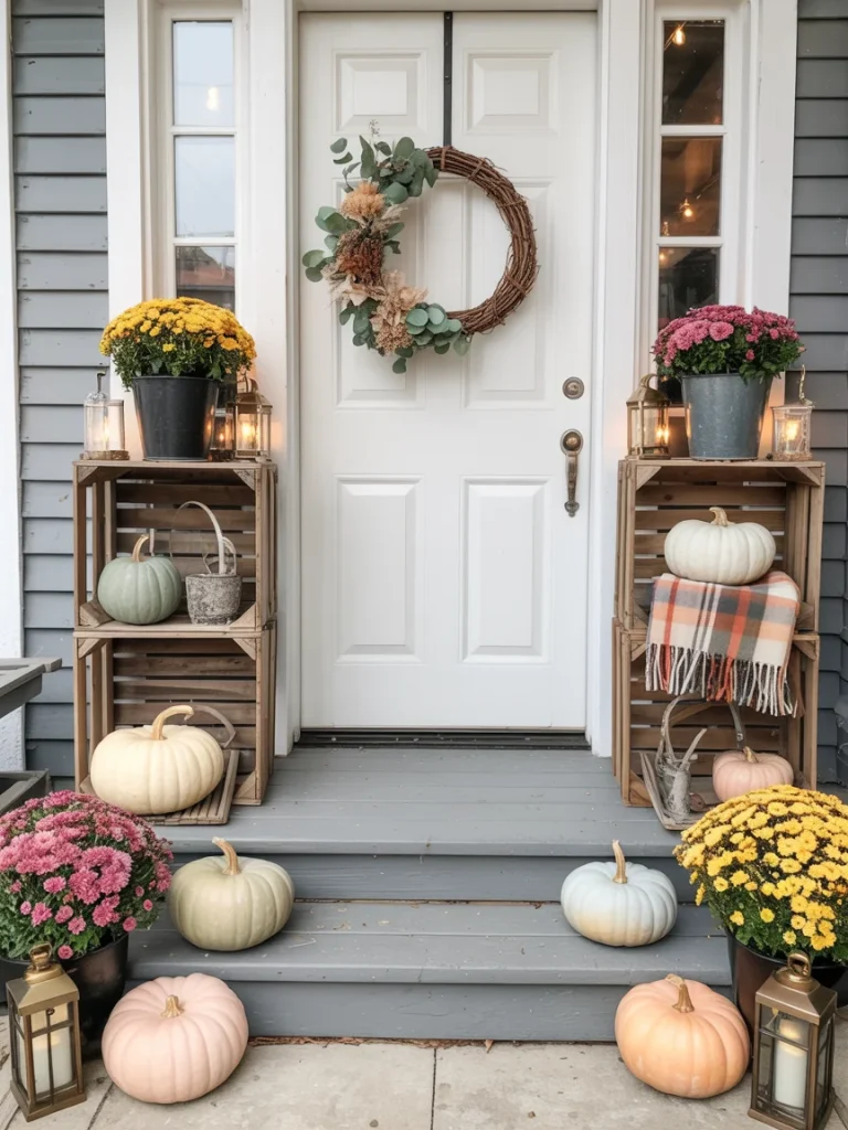 DIY front porch decorated for fall with pastel pumpkins, wooden crates, potted mums, lanterns, and a rustic wreath on a white door.