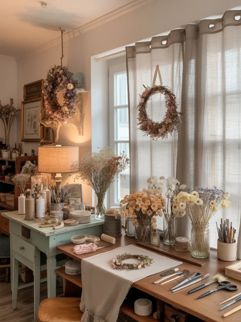 Cottagecore-inspired craft room with dried flowers, handmade wreaths, and rustic tools on wooden tables.
