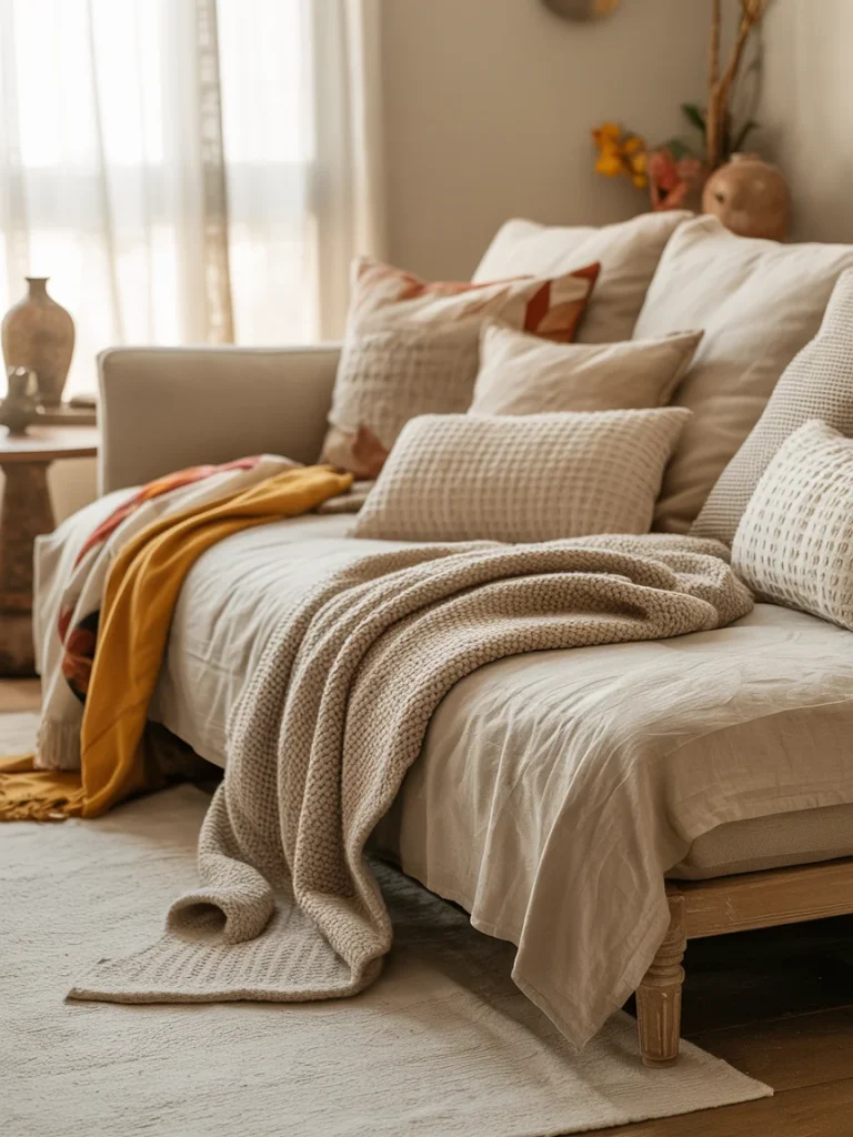 Cozy daybed styled with neutral bedding, layered throw pillows, and a textured knit blanket in a softly lit living space.