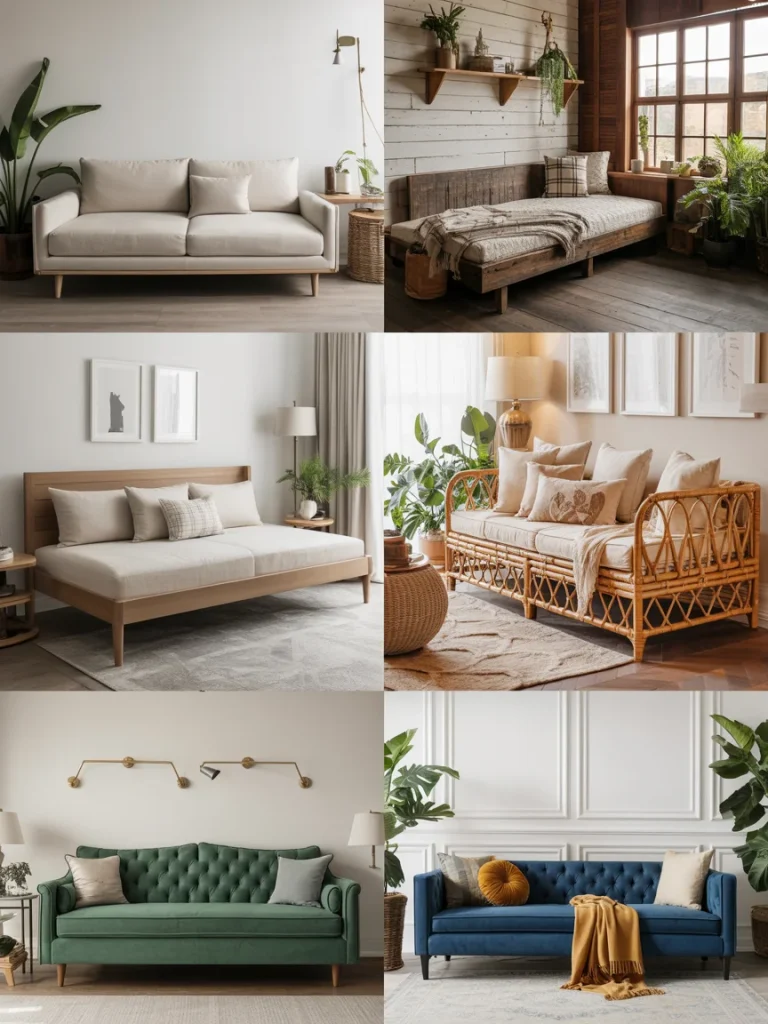 A collage of daybed styles including modern, rustic, minimalist, rattan boho, and tufted velvet designs.