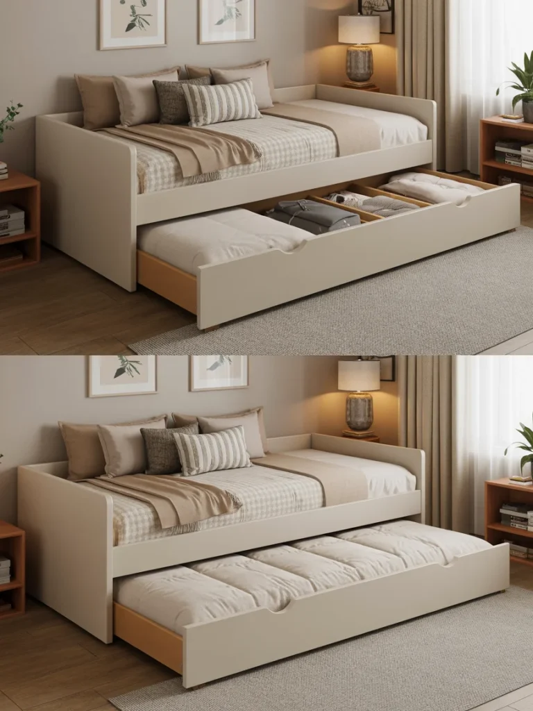 Modern daybed with pull-out trundle bed and built-in storage drawers in a cozy bedroom.