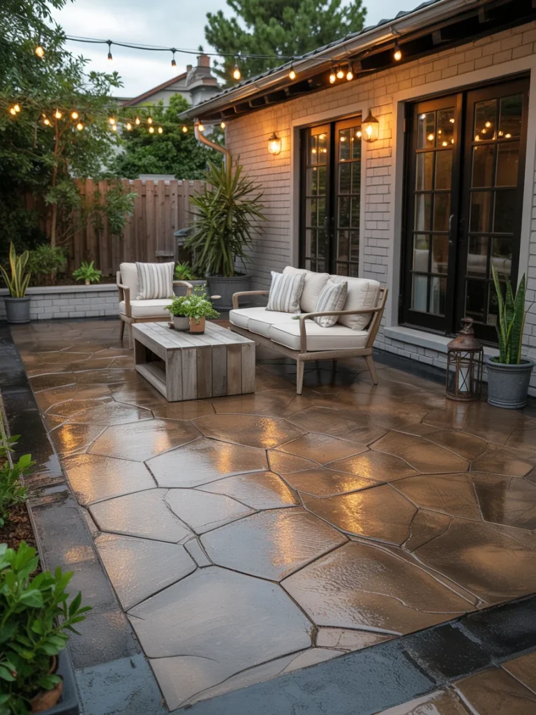 Decorative concrete overlay patio with stone-like finish, outdoor seating, and string lights.