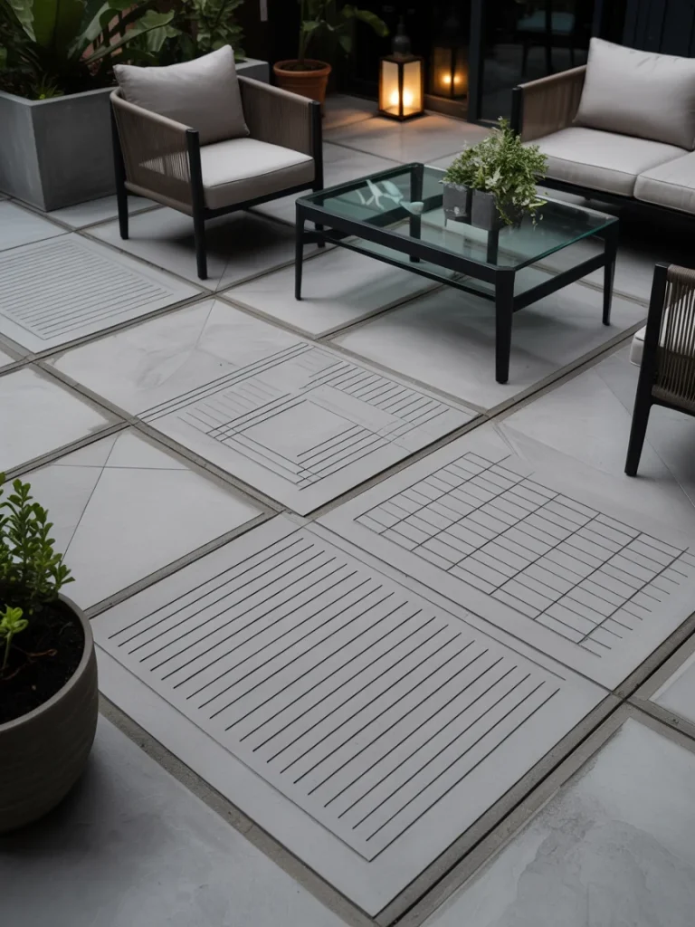 Modern patio with decorative concrete patterns and outdoor seating.