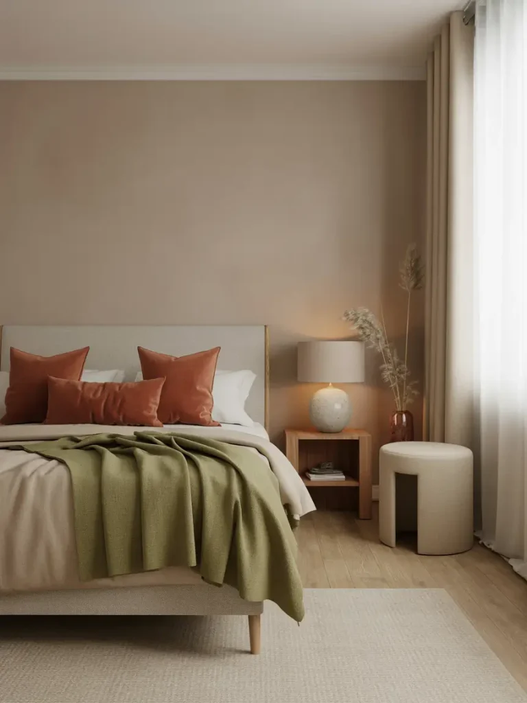 Earthy bedroom design with beige walls, a cozy bed layered with neutral and terracotta pillows, green throw blanket, warm wooden nightstand, soft lighting, and natural textures for a calming atmosphere.