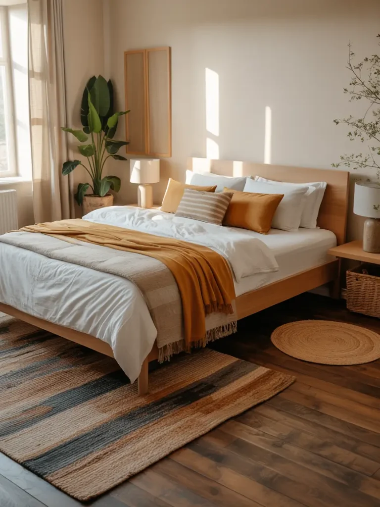 Earthy bedroom with wooden flooring, neutral bedding, woven rug, and natural light for a warm and cozy atmosphere.