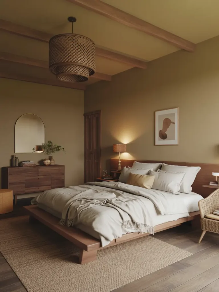Earthy bedroom with wooden platform bed, rattan chair, woven ceiling lamp, and natural wood furniture.