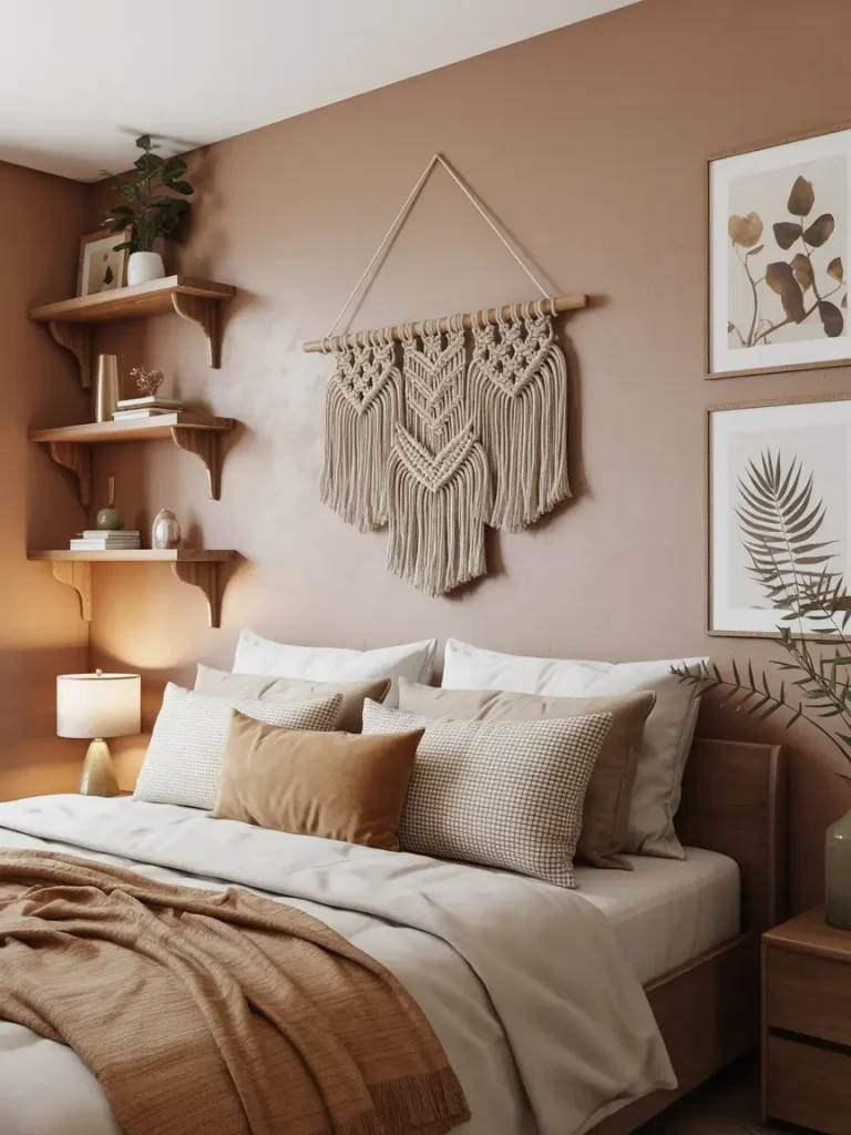 Earthy bedroom with neutral bedding, wooden furniture, macrame wall hanging, and natural-inspired wall art.