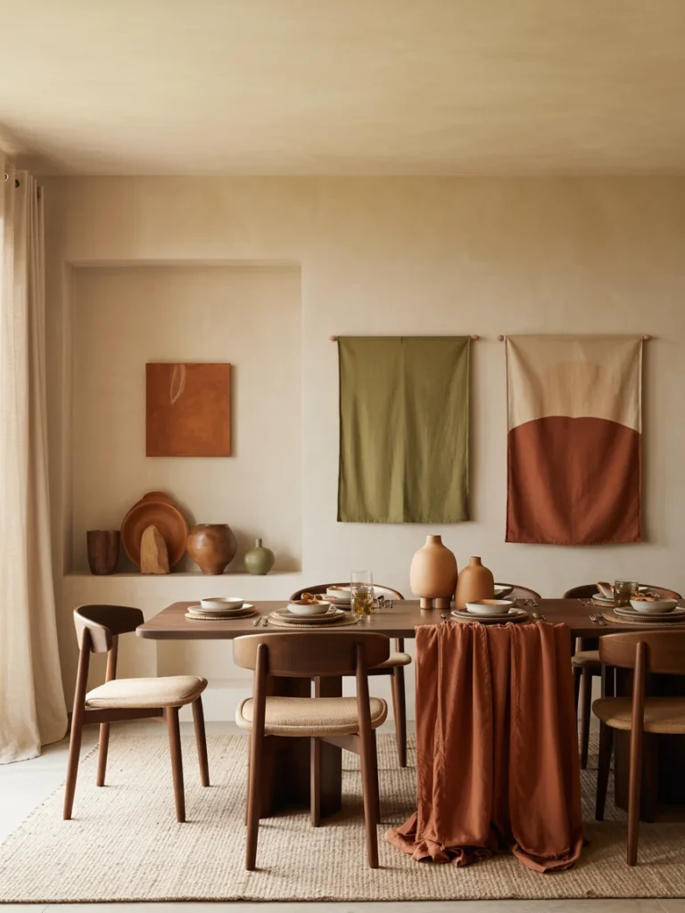 Earthy dining room with warm brown tones, terracotta accents, and natural textures.
