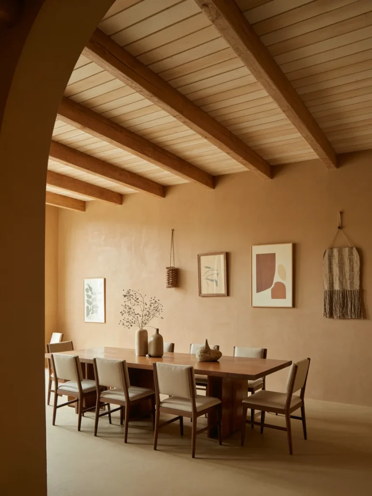 Earthy dining room with natural plaster walls, wood beam ceiling, and minimalist décor.