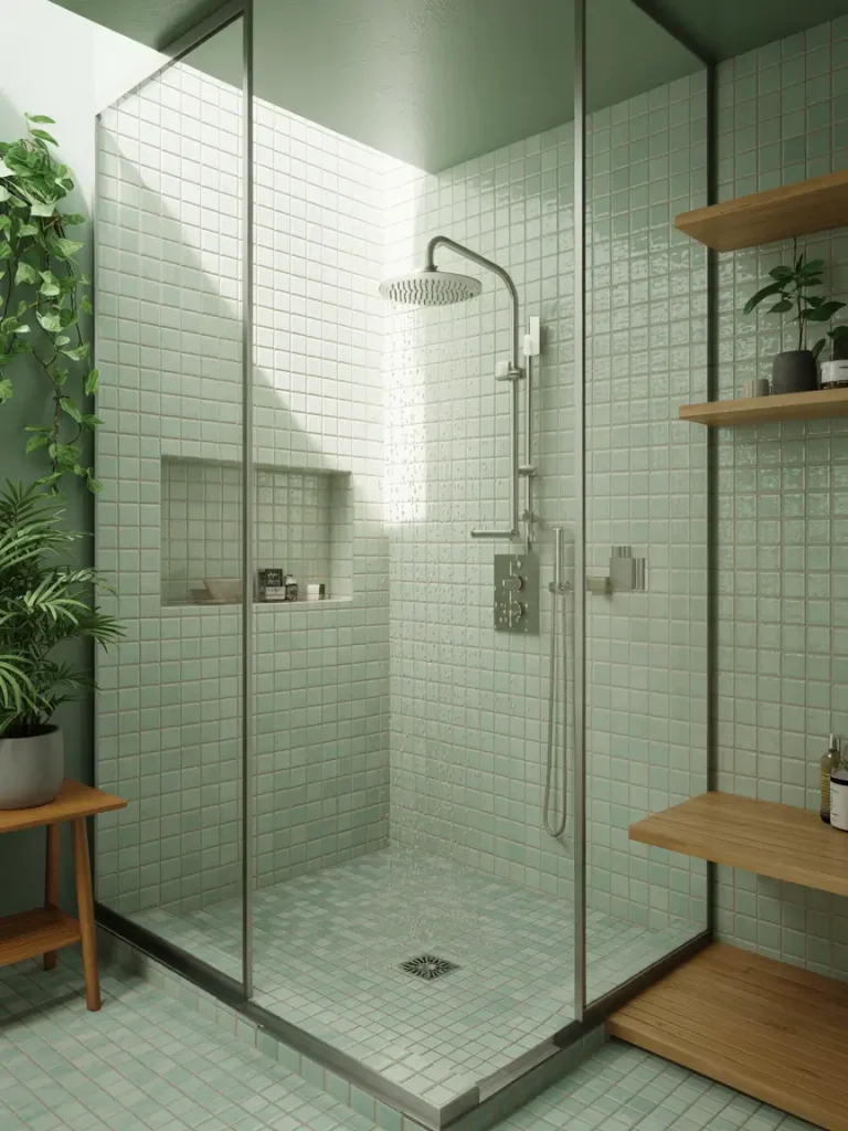 Eco-friendly modern shower with green-tiled walls, glass enclosure, rainfall showerhead, and natural wood shelving surrounded by indoor plants.