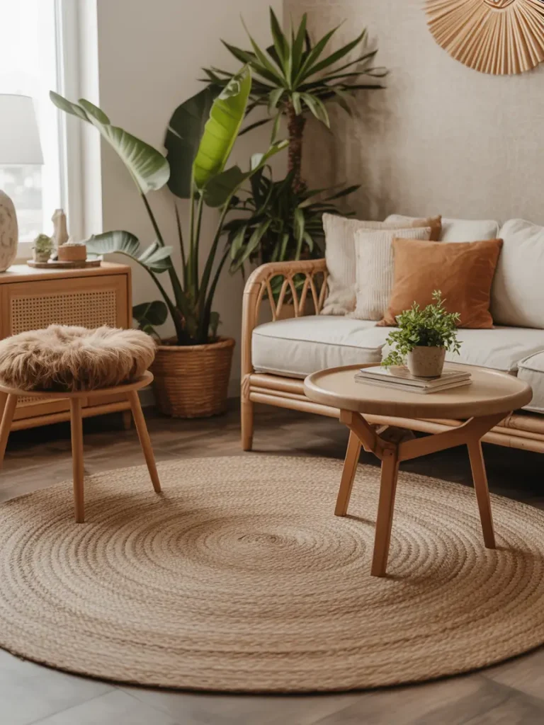 Eco-friendly living room with a round jute carpet, natural wooden furniture, and indoor plants creating a warm and sustainable design.