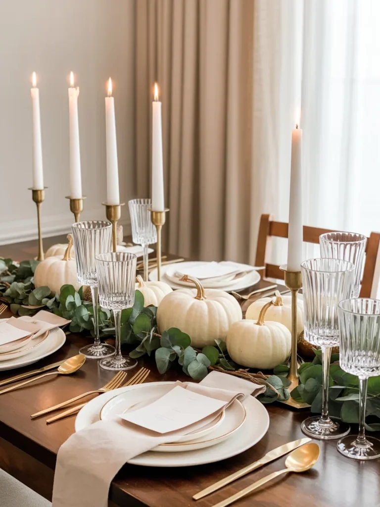 Elegant fall dining table with white pumpkins, gold flatware, candlesticks, and greenery.