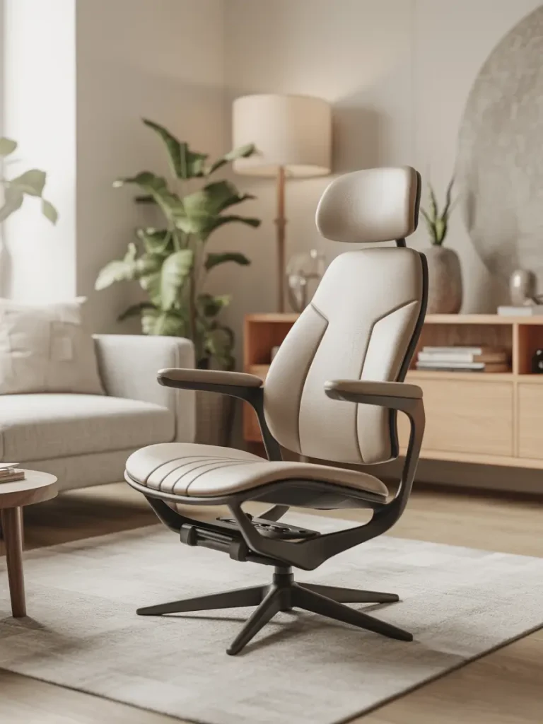 Modern ergonomic living room chair with high backrest and head support, placed on a neutral rug in a bright, cozy living space with plants and natural light.