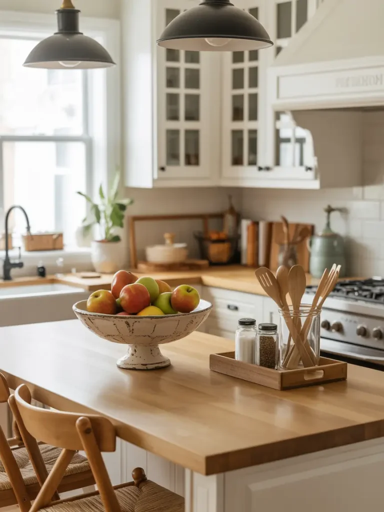 Kitchen island with fruit bowl, wooden utensils, and everyday essentials in a cozy farmhouse kitchen.
