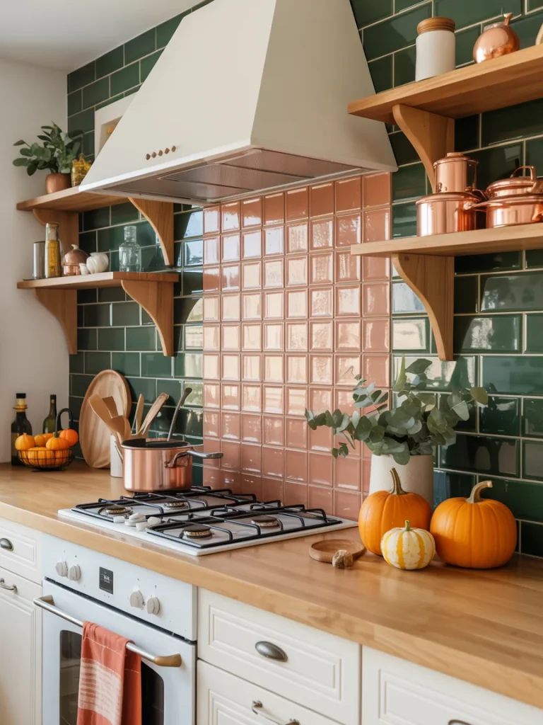 Kitchen with green and orange tiled backsplash, wooden countertops, copper cookware, and pumpkins styled for fall.