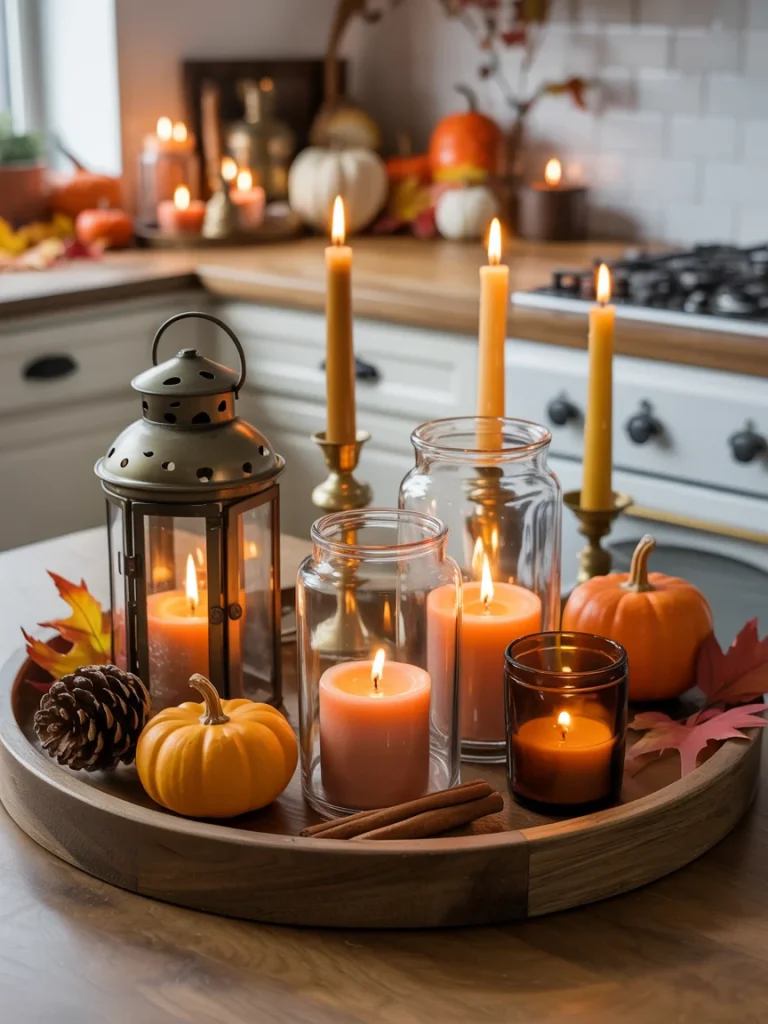 Fall kitchen decor with glowing candles, pumpkins, pinecones, and autumn leaves on a wooden tray.