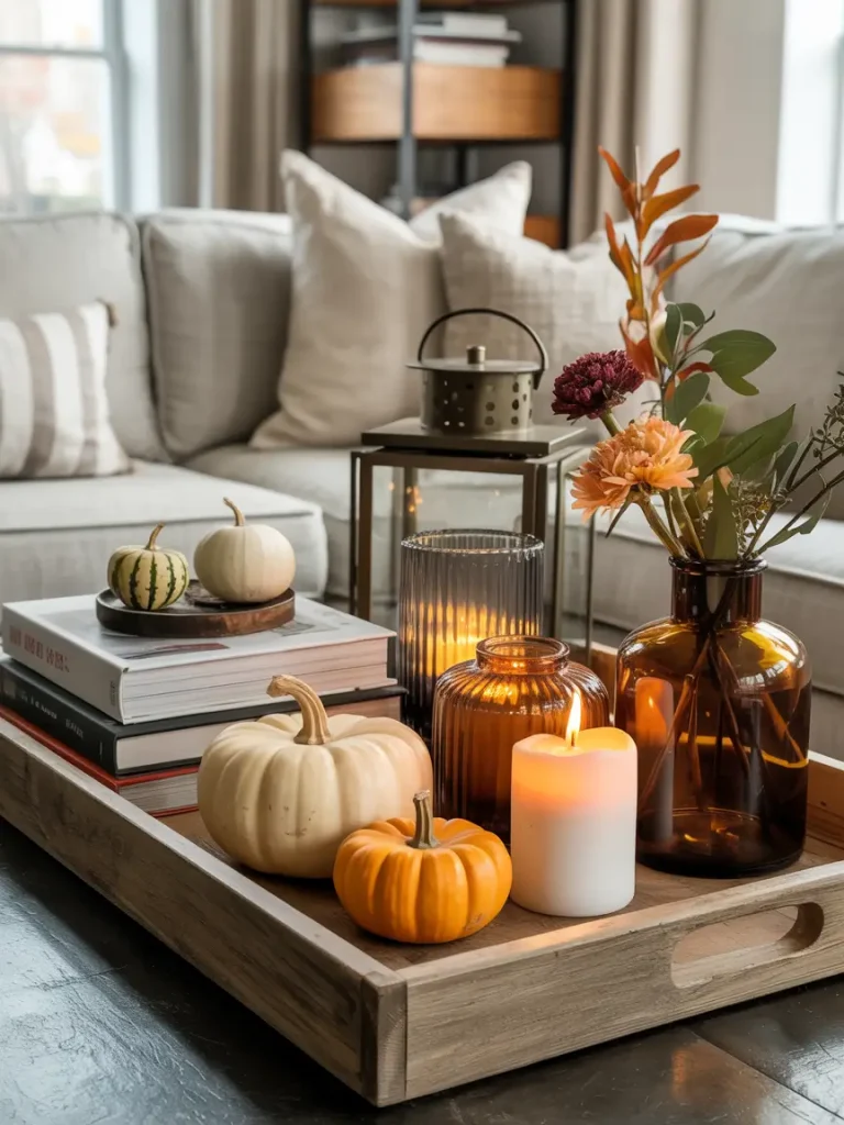 Elegant fall centerpiece on a coffee table with pumpkins, candles, and amber glass vases.