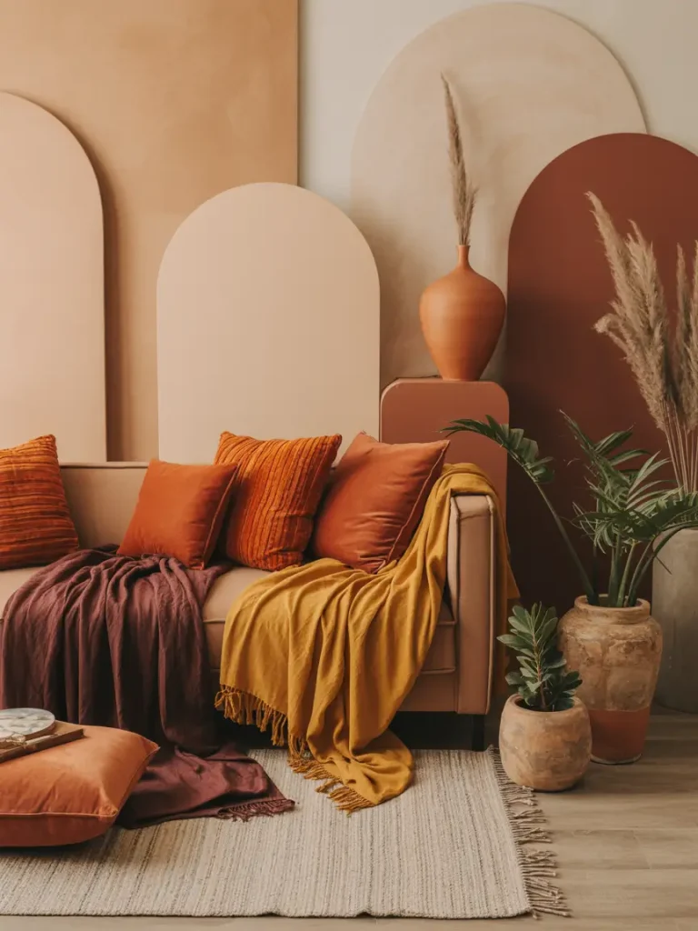 Warm fall-inspired living room with earthy-toned throw blankets, orange and burgundy cushions, terracotta vases, and pampas grass decor.
