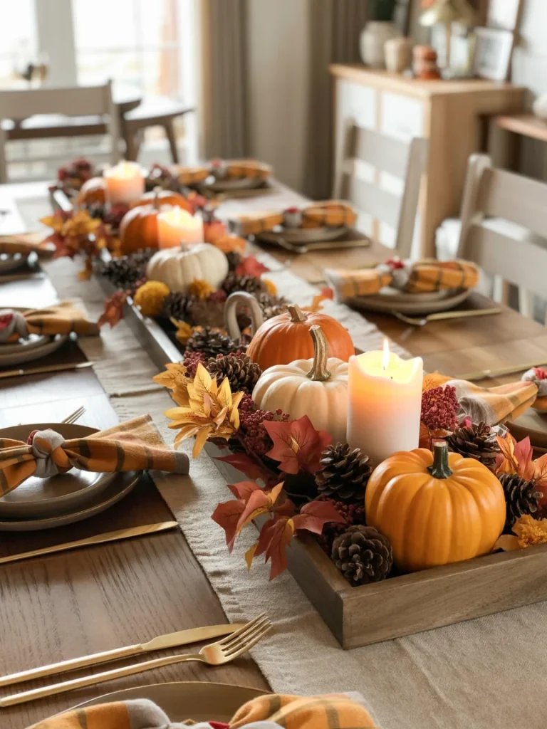 Fall dining table centerpiece with pumpkins, candles, pinecones, and autumn leaves styled for a festive seasonal look.
