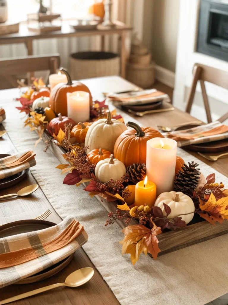 Fall dining room table decorated with pumpkins, candles, pinecones, and autumn leaves for a cozy seasonal centerpiece.