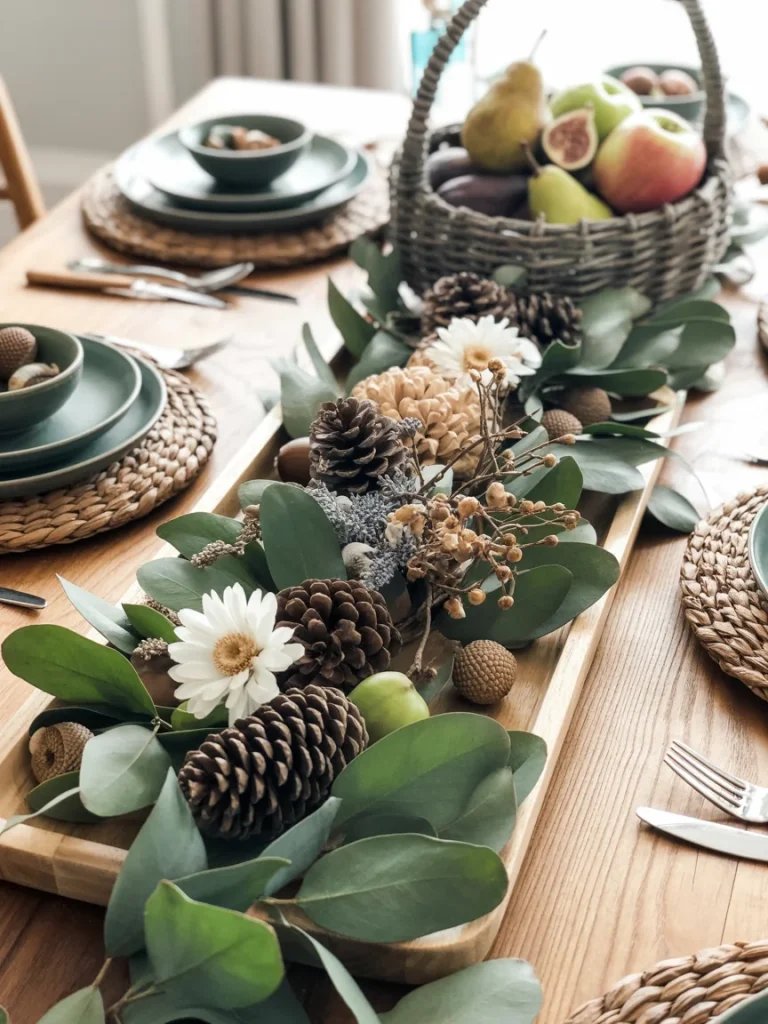 Fall dining table centerpiece with pinecones, greenery, acorns, and woven basket of fruits.