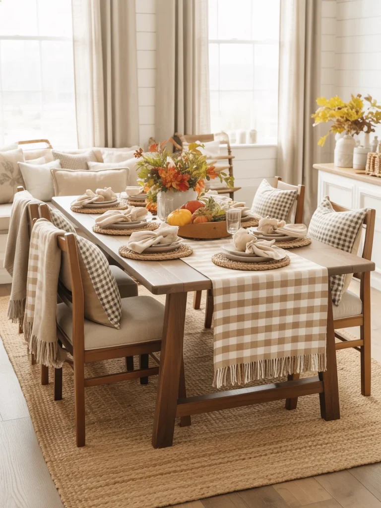 Fall dining room table decorated with layered gingham textiles, neutral tones, and a floral centerpiece.
