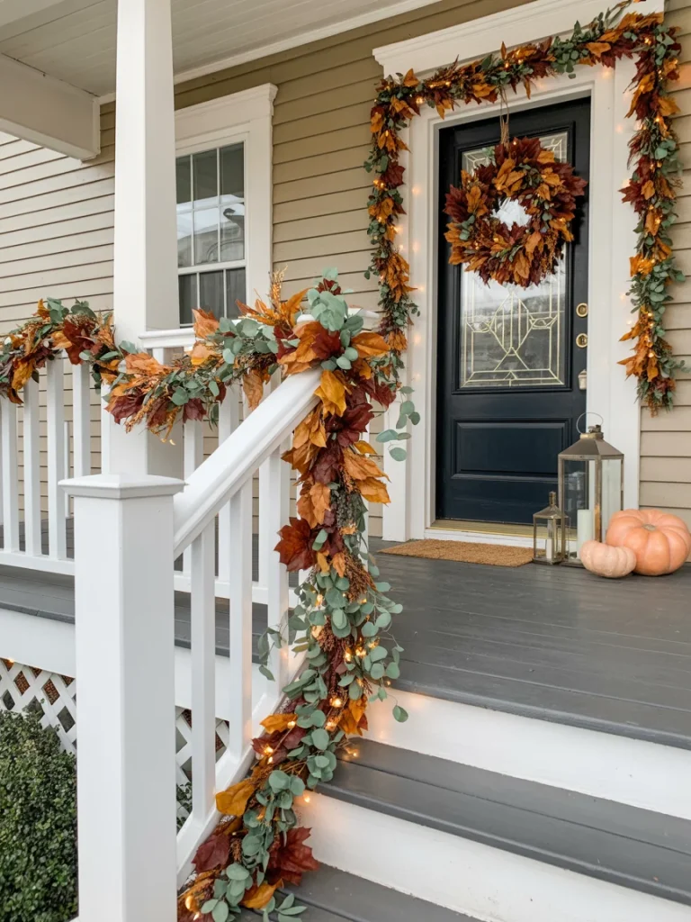 Front porch decorated with a fall leaf and eucalyptus garland wrapped around the railing and doorway, paired with a matching wreath, pumpkins, and lanterns.