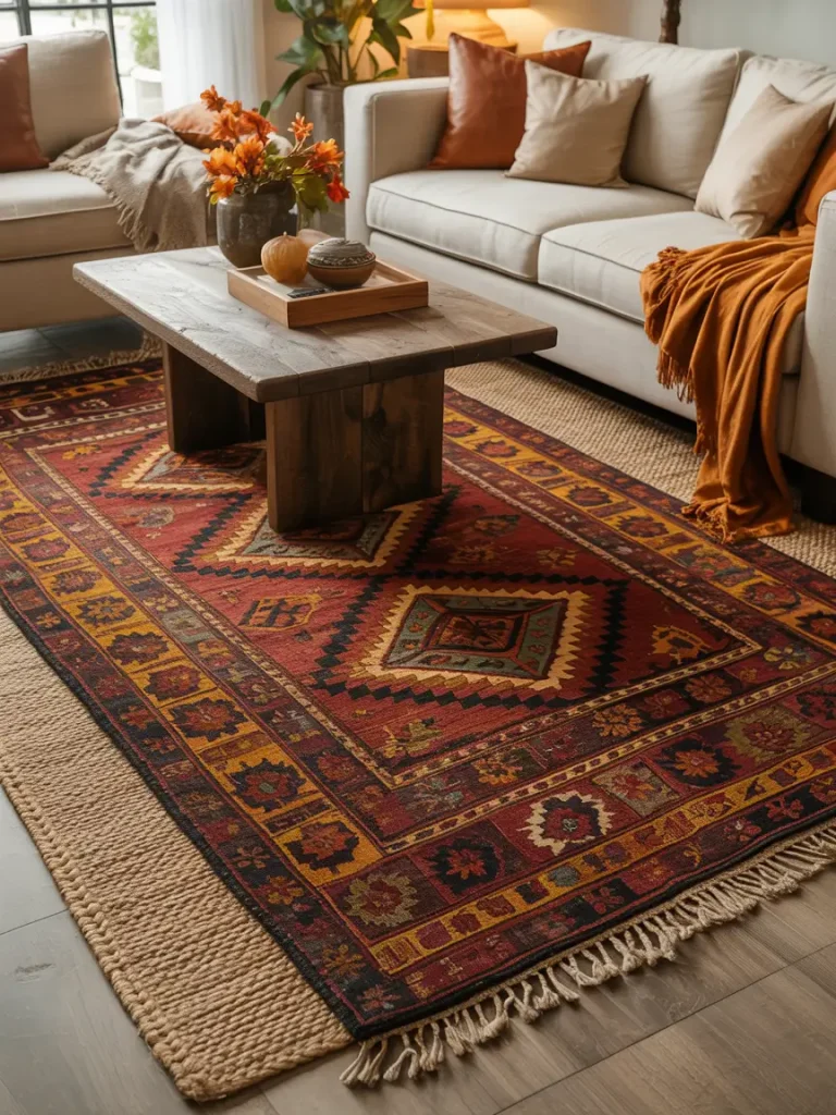 Fall-inspired living room area rug with rich red, orange, and golden tones, layered over a neutral woven rug, styled with a rustic wooden coffee table and cozy beige sofas.