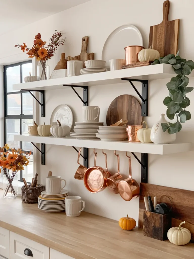 Open kitchen shelves styled with white dishes, copper accents, pumpkins, and fall florals for autumn decor.