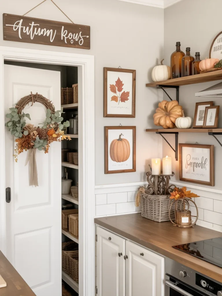 Cozy fall kitchen with wall art, wreath, pumpkins, and candles used as autumn wall decor.