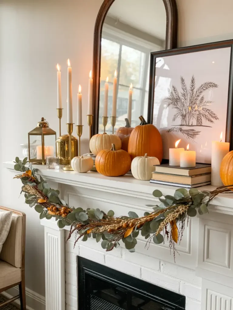 Fall mantel decorated with pumpkins, candles, books, and greenery garland.