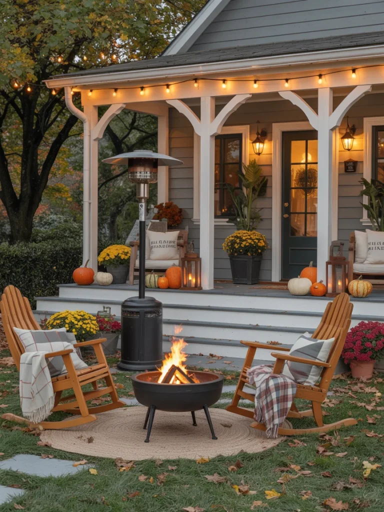 Cozy fall porch with rocking chairs, fire pit, string lights, and pumpkins.
