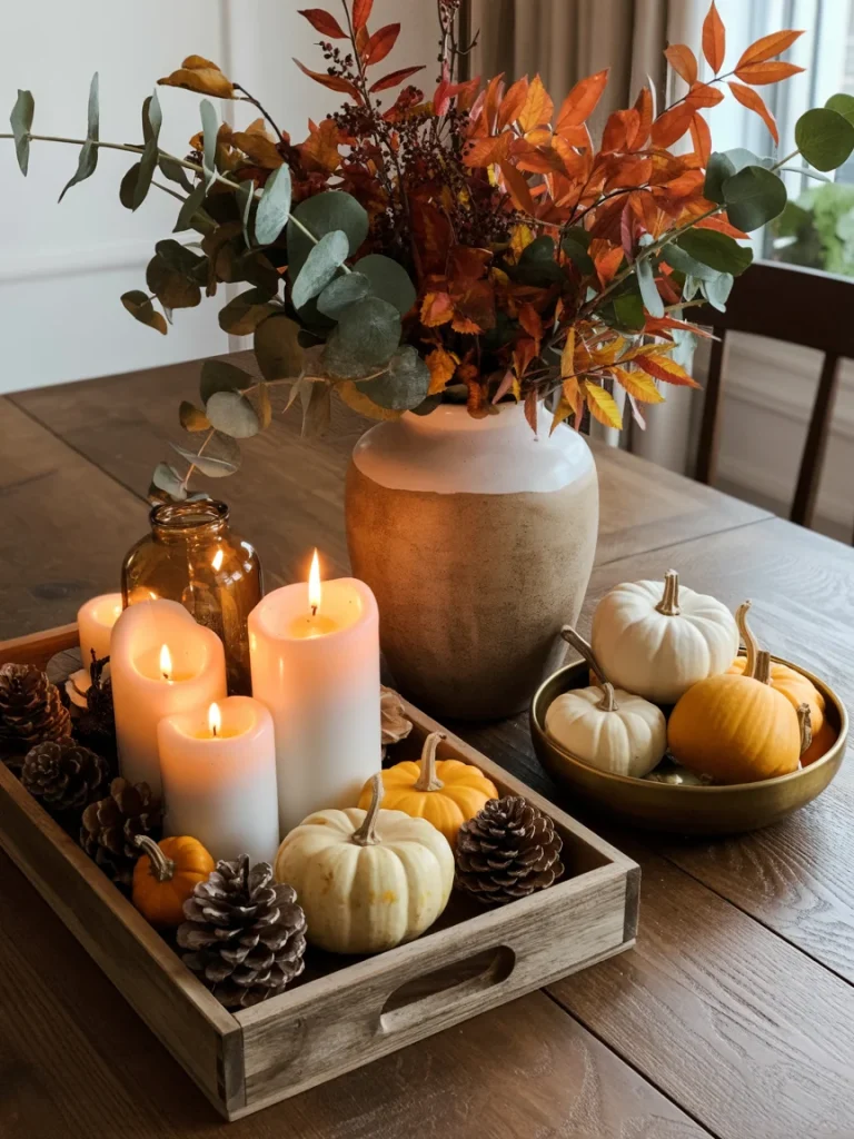 Fall table centerpiece with candles, pumpkins, pinecones, and autumn foliage in a rustic farmhouse style.