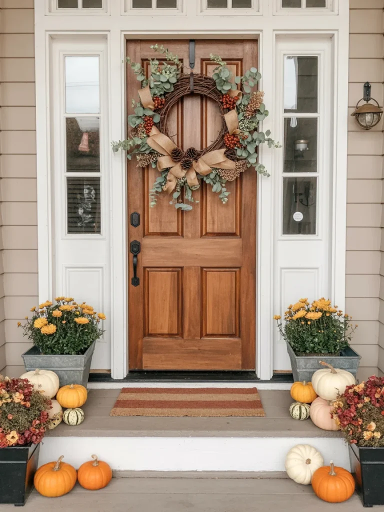 Fall front door decorated with a rustic wreath of eucalyptus, pinecones, and berries, surrounded by pumpkins and mums.